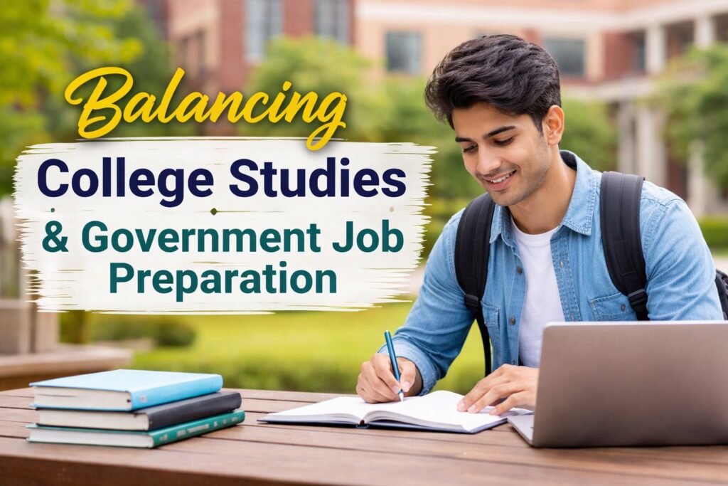 College student balancing college studies and government job preparation with books and laptop