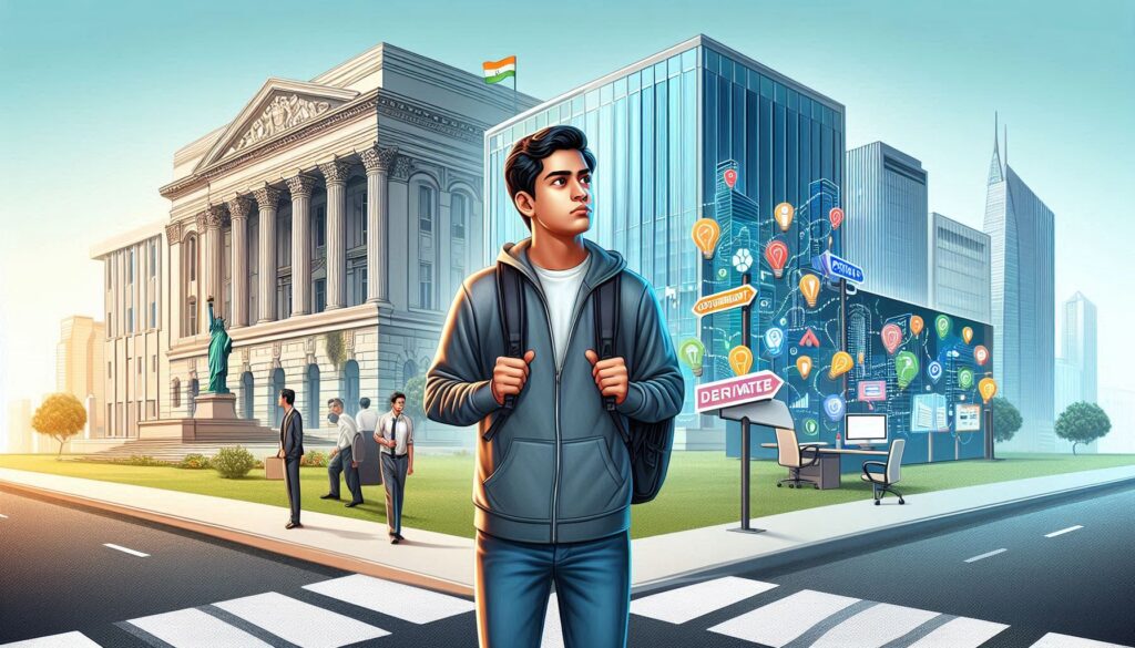 Young Indian student comparing government job, private job, and startup career options at a crossroads