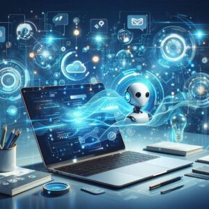 Foundations of AI Automation Using ChatGPT – modern illustration showing AI assistant, laptop, and workflow visualization for online learning and automation.