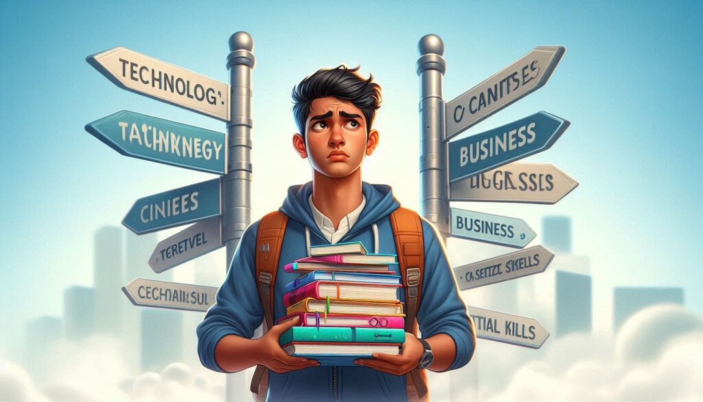 Career confusion after school illustrated with a student thinking about different career options and future planning