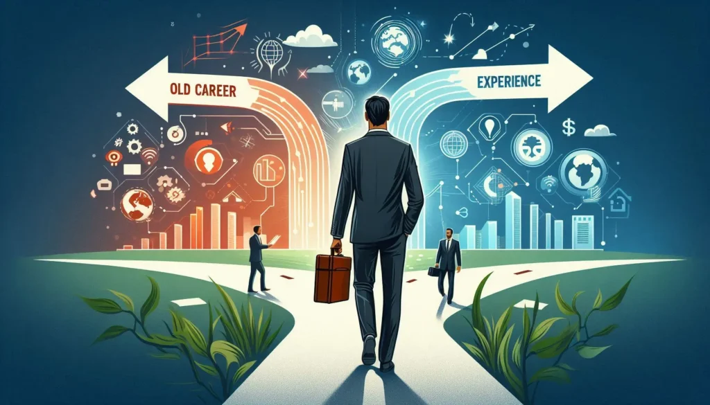 Professional illustration showing a confident person changing careers without starting over, symbolizing transferable skills and smart career transition.