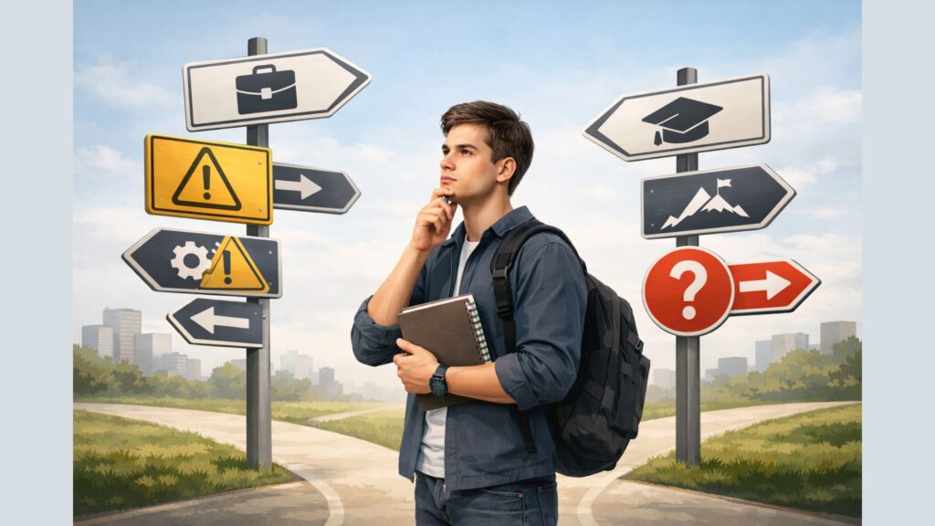 Student thinking about career choices and avoiding common career planning mistakes