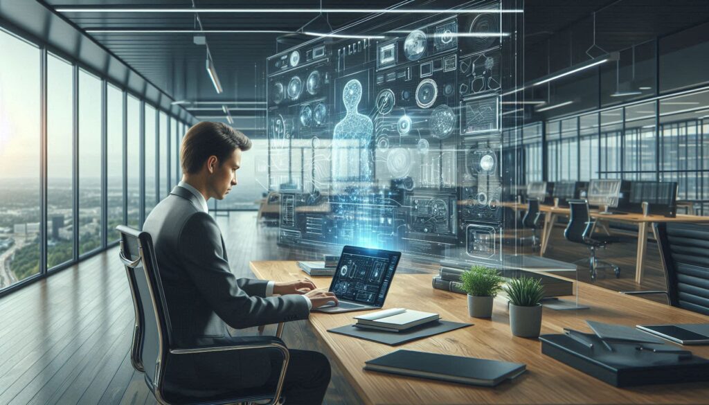 Real-world AI automation workflows design and implementation course showing a professional using AI-driven automation systems in a real business environment