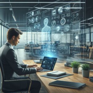 Real-world AI automation workflows design and implementation course showing a professional using AI-driven automation systems in a real business environment