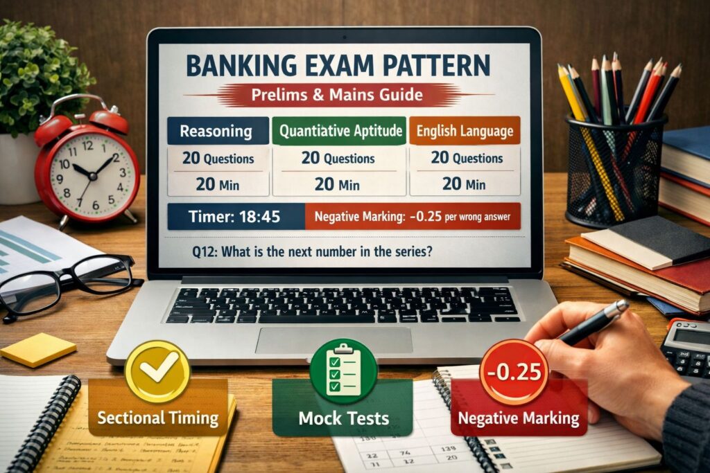 Banking Exam Pattern for Prelims and Mains showing section-wise marks, time duration and negative marking structure