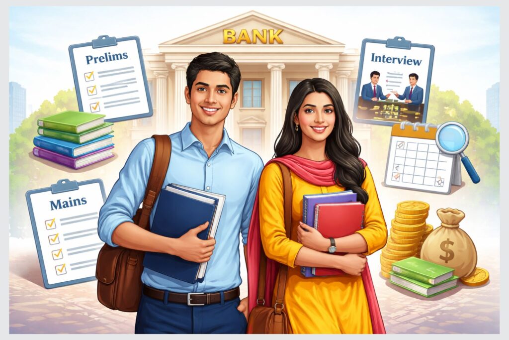 Students preparing for banking exam stages including prelims, mains, and interview in front of a bank building.