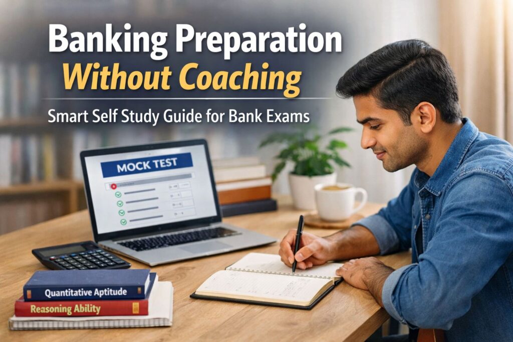 Student preparing for banking exams at home without coaching using self study strategy and study plan
