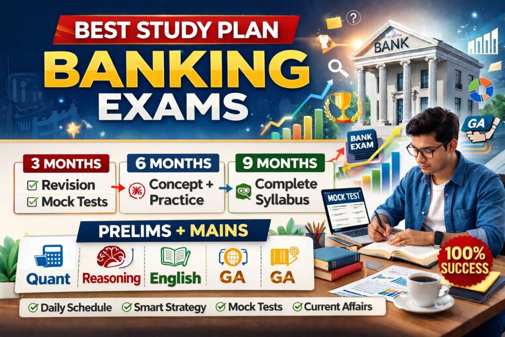 Banking study plan for 3, 6 and 9 months preparation timeline covering prelims and mains exam strategy for beginners