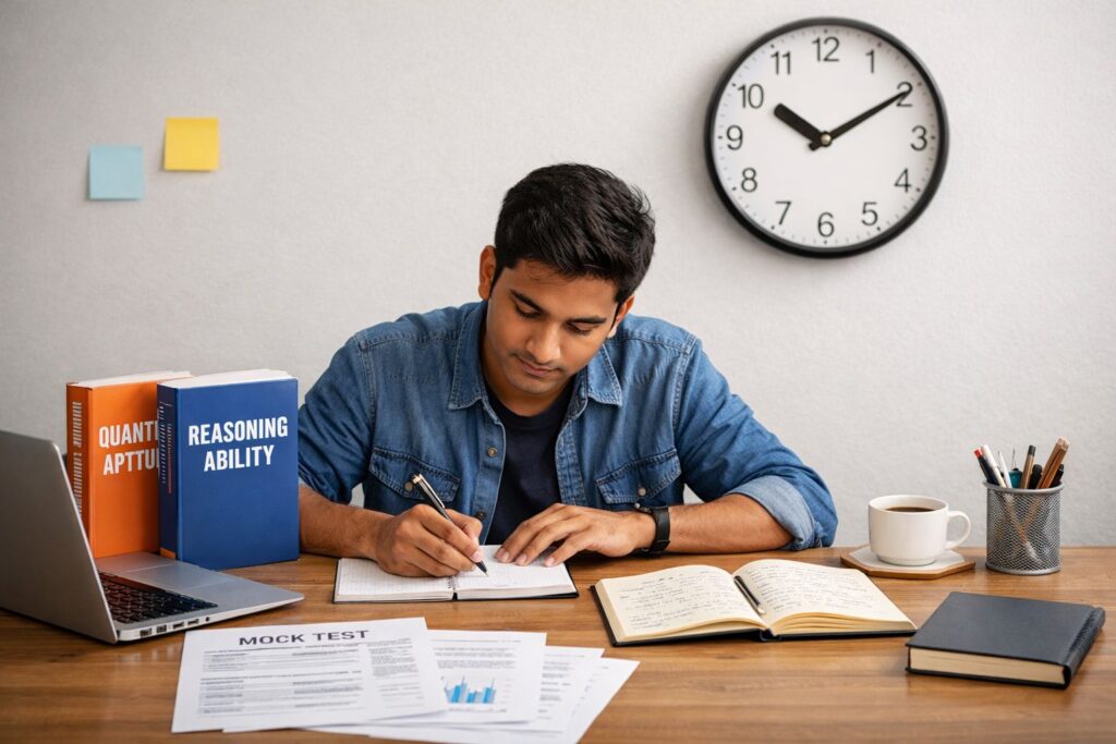 Banking exam aspirant studying with limited books using a smart preparation strategy at an organized study desk
