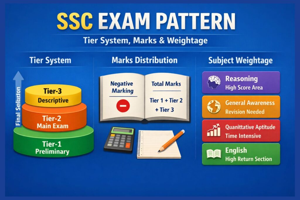 SSC exam pattern showing tier system, marks distribution, and subject-wise weightage