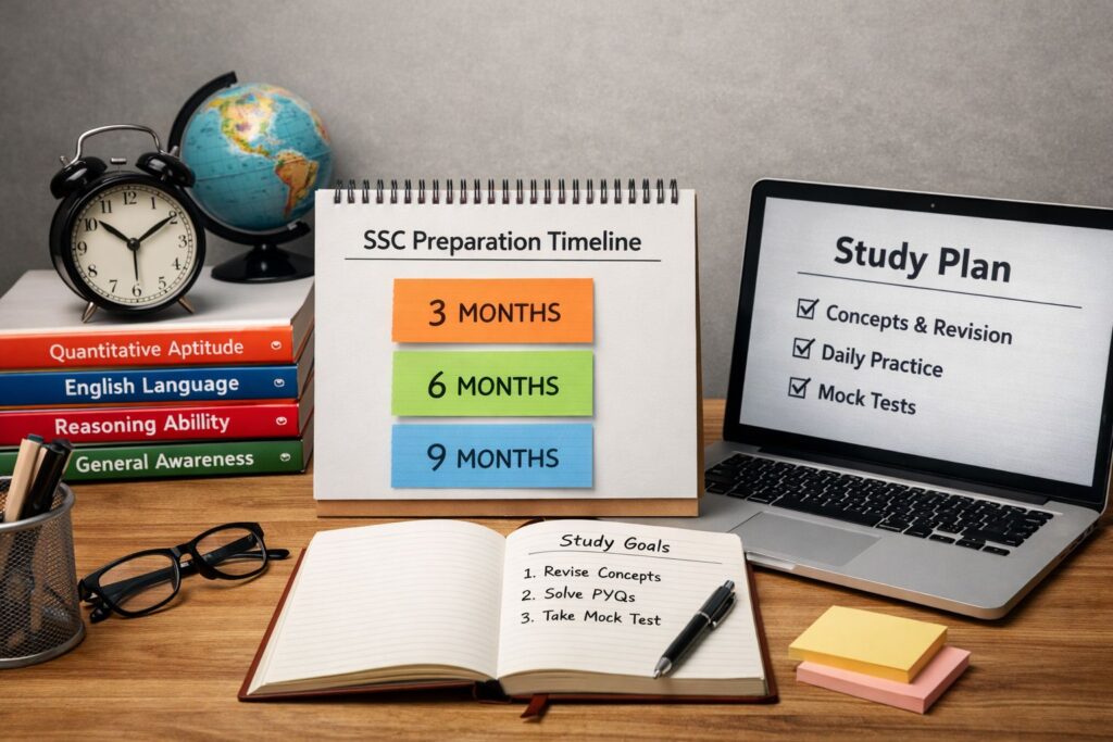 SSC preparation timeline with 3, 6 and 9 month study plans for government exam aspirants
