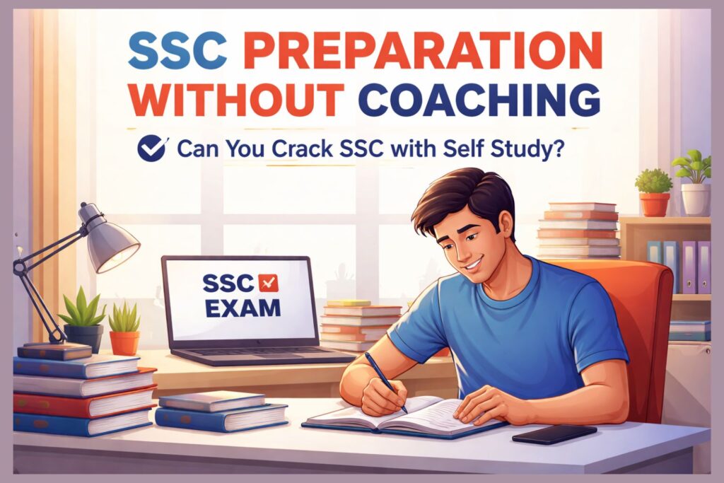 Student preparing for SSC exam at home with books and laptop – self study without coaching concept.