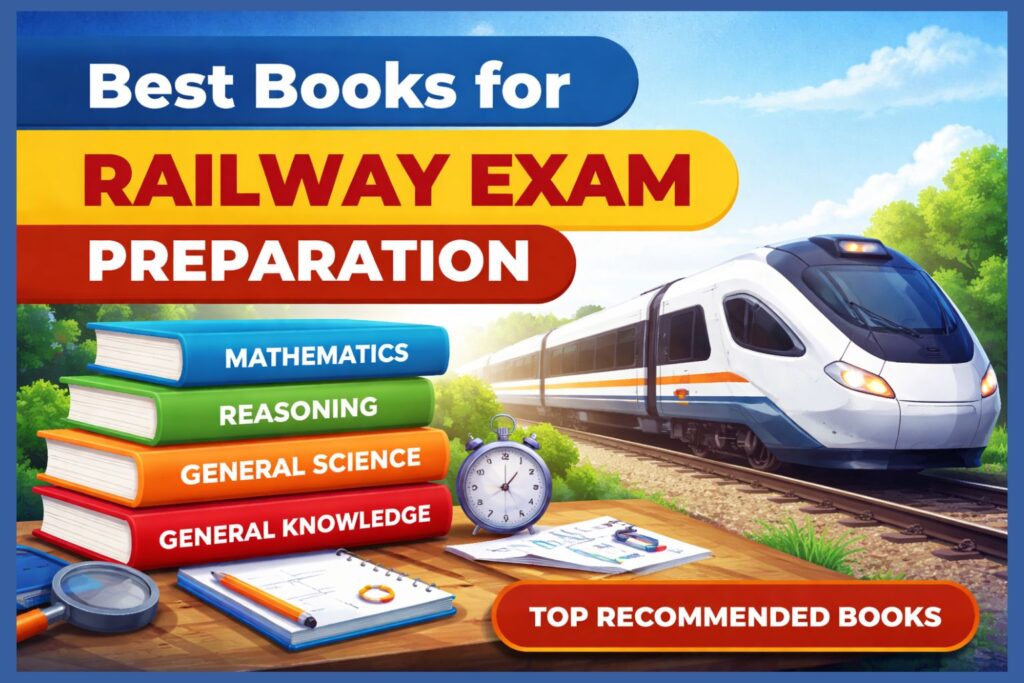 Best books for railway exam preparation including mathematics, reasoning, general science and general knowledge study material for RRB exams.