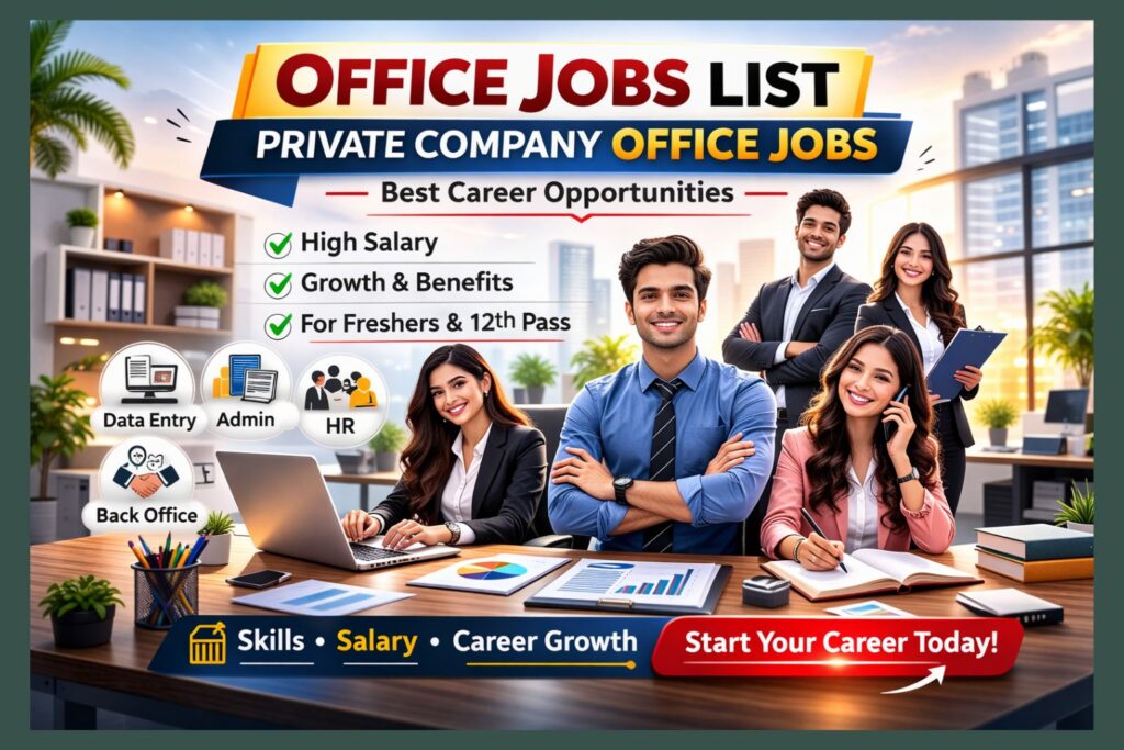 Office jobs list in private companies showing common office positions like data entry operator, computer operator, office assistant and receptionist.