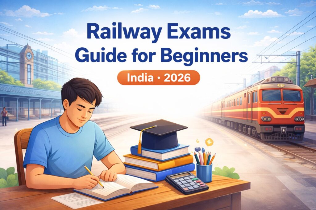 Railway Exams in India Preparation Guide with train, books, and study materials for railway job aspirants