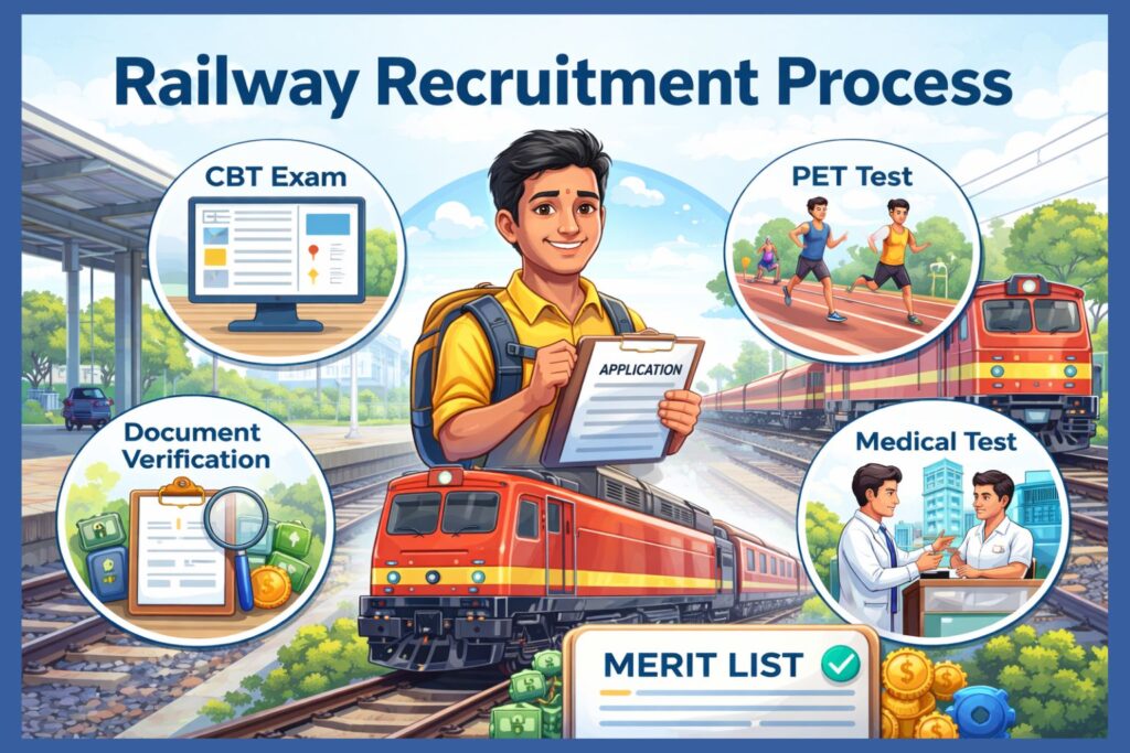 Railway recruitment process showing CBT exam, PET test, document verification, medical test, and final merit list stages for railway jobs in India.